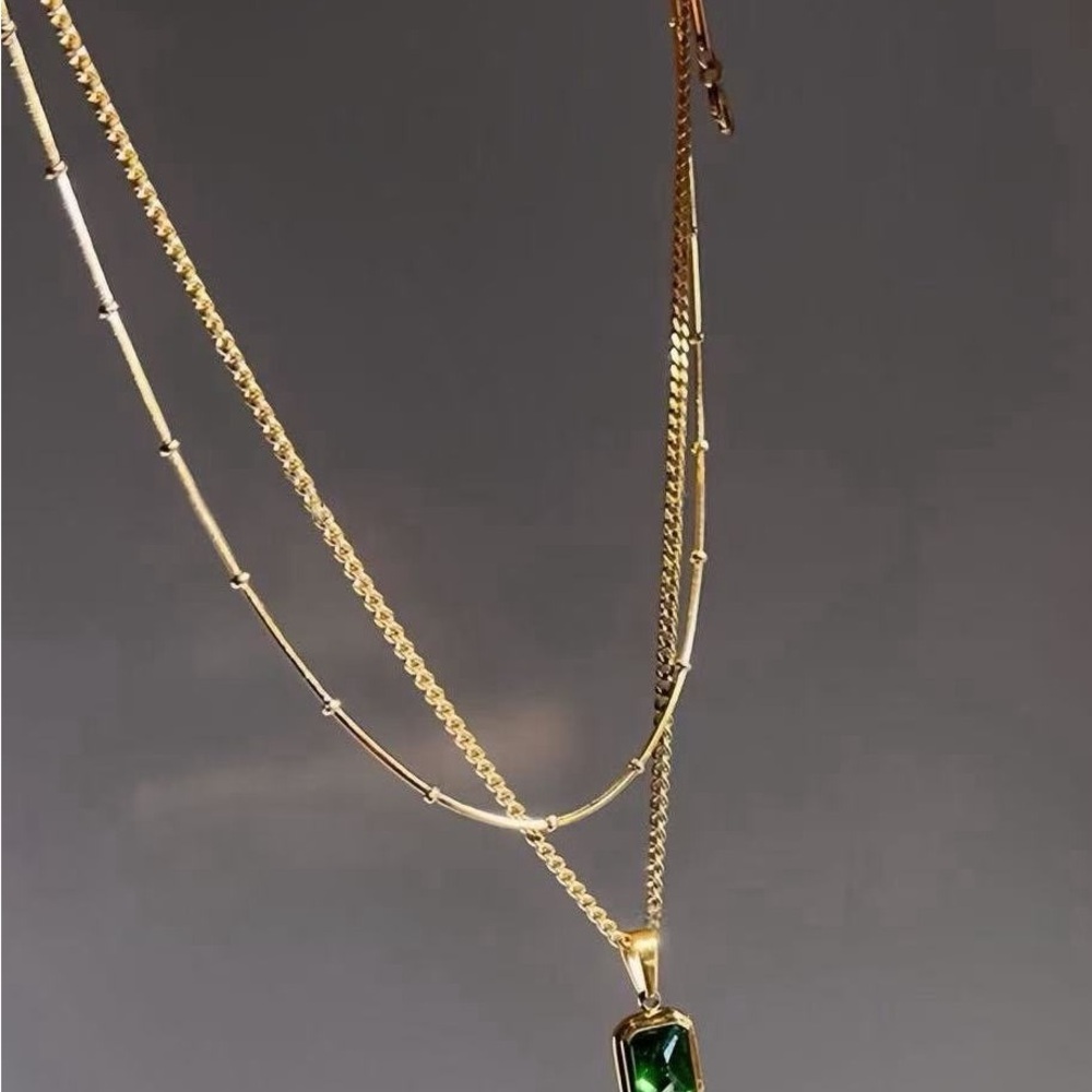 Modern Titanium Steel Layered Emerald Necklace - 18K Gold Plated & Tarnish-Free